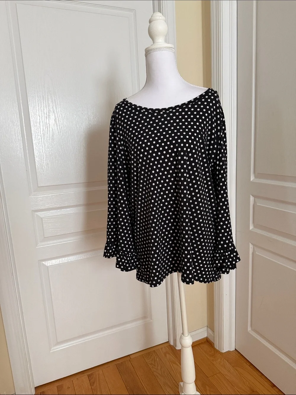 Michael Kors Black & White Polka Dot Long Sleeve Top